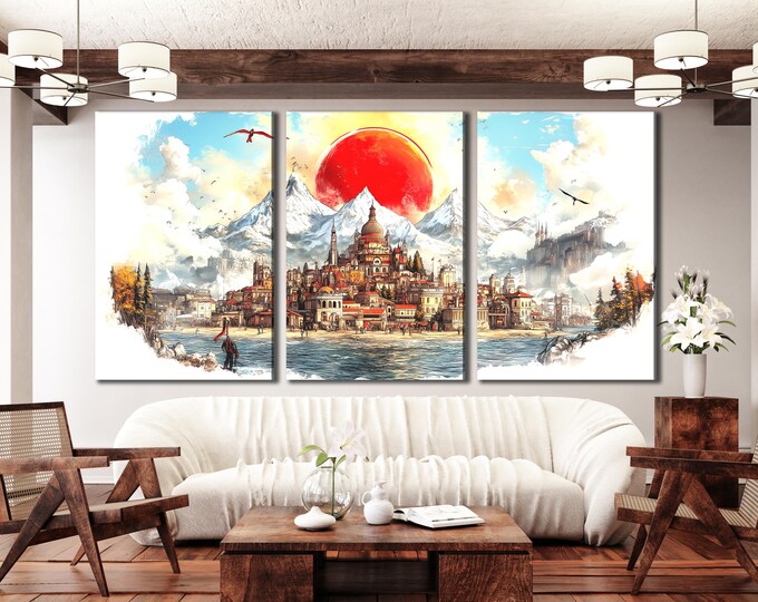 Medieval Town Canvas Print Fantasy Cityscape Wall Art Majestic Mountain Painting Scenic Red Sun Artwork Abstract Landscape Decor