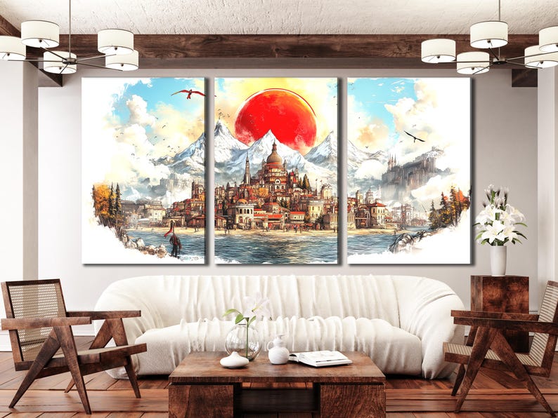 Three-panel fantasy cityscape with a red sun, snow-capped mountains, buildings, clouds and flying birds