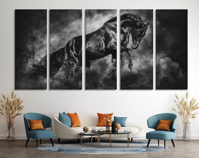 Black Horse Wall Art, Large Equine Canvas Print, Black Stallion Artwork, Modern Horse Art Print, Oversized Wall Decor, Horse Lover Gift Idea