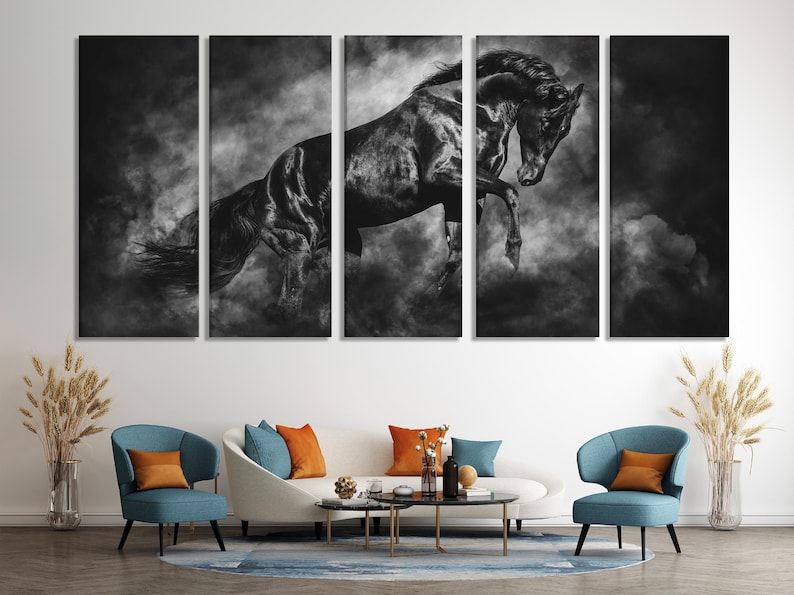 Monochrome horse artwork across panels with a smoky cloud background