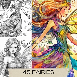May include: A digital art piece featuring four panels of fairy illustrations. The panels showcase fairies in various styles, including a black and white line drawing and a vibrant, colorful painting. The text "45 Fairies Coloring Pages" is displayed.