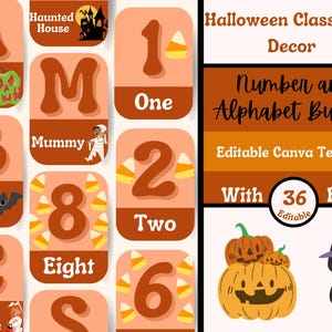 Plantillas de Canva para carteles editables de números del 1 al 10 y del alfabeto de Halloween, decoración de aulas de Halloween, letras de Halloween