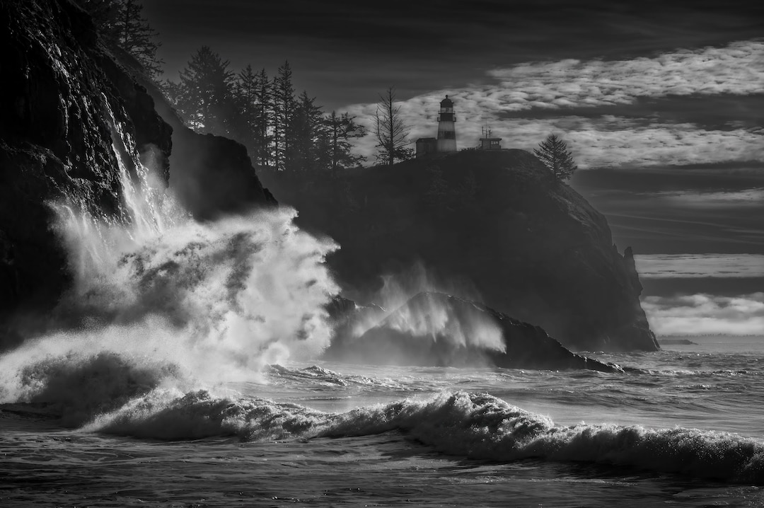 Cape Disappointment King Tide Wave, B&W Etsy