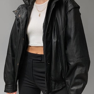 Blouson bomber noir oversize fait main en cuir d'agneau souple pour femme | Veste en cuir véritable pour femme, tenue décontractée, cadeau pour femme