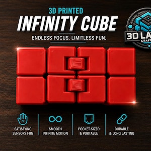 May include: A red 3D-printed Infinity Cube with the text "INFINITY CUBE" and "ENDLESS FOCUS. LIMITLESS FUN." The cube is made of connected blocks and has the 3D Layer Crafters logo. The image also includes icons for sensory fun, smooth motion, pocket-sized, and durable.