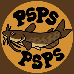 May include: A brown catfish with a white belly and black spots is swimming in a circle with the text "PSPs" in black on a yellow background.