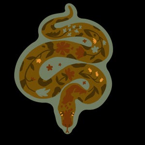 May include: A stylised illustration of a snake with a floral pattern. The snake is brown and green with orange and red flowers. The snake is curled up in a circle.