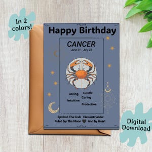 Tarjeta de cumpleaños del zodíaco imprimible / Cumpleaños de Cáncer / Tarjetas de cumpleaños digitales / Tarjetas de feliz cumpleaños imprimibles / Tarjeta digital / Celestial