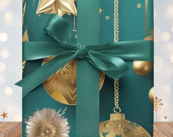 May include: A wrapped gift box with teal wrapping paper featuring gold Christmas ornaments and a gold star. The box is tied with a teal ribbon and bow. The background is blurred with bokeh lights.