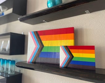 Handcrafted Progress Pride Flag Wooden Wall Hanging with Glitter Detail (8x12)
