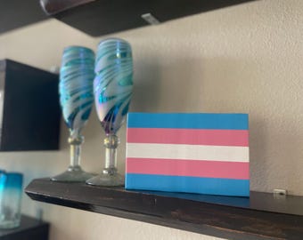 Transgender Pride Flag Hand Painted Wooden Desk or Wall Plaque with Glitter Accent