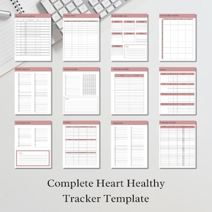 May include: Printable heart health tracker template with pages for blood pressure log, healthy eating list, exercise chart, exercise checklist, medication schedule, meal plan, supplements, and monthly healthy habits.