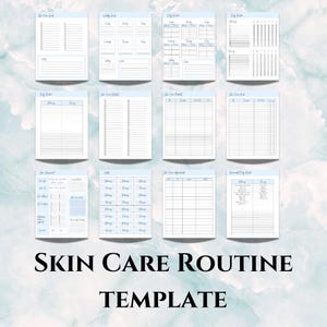 May include: Printable skin care routine planner template with a blue and white watercolor background. The template includes pages for daily routines, product lists, and a monthly calendar.
