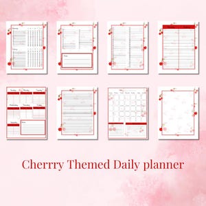 Puede incluir: Un planificador diario imprimible con temática de cerezas con páginas para planificar, listas de tareas, horarios semanales, notas y un calendario mensual.