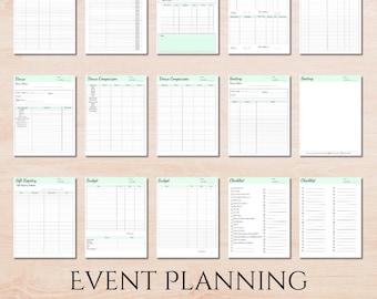 May include: A printable event planning template with 12 pages. The pages include sections for guest lists, menus, decorations, seating charts, gift registries, budgets, and checklists. The template is designed to help you plan and organise your next event.