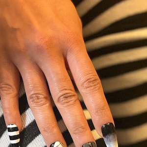 press on nails black and white Wednesday inspired nail art for Halloween costume accessories made to order press on nail gothic dark style