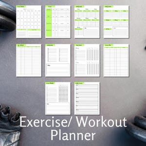 May include: Printable exercise planner with pages for a monthly calendar, weekly goals, weekly schedule, exercise checklist, and weekly exercise log. The pages are black and white with green highlights.