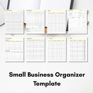 May include: A printable small business organizer template with pages for a weekly schedule log, budget expenses, projects, order forms, customer orders, pending orders, inventory, and orders. The pages are yellow with black lines.