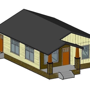 May include: A yellow house with a black roof and brown trim. The house has two windows on the left side and one window on the right side. There is a brown door on the right side of the house.