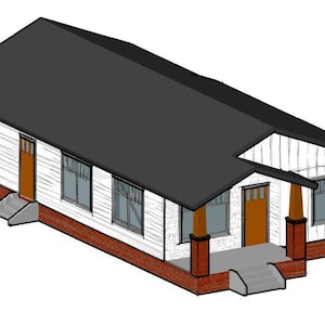May include: A white, single-story house with a black roof and red brick trim. The house has three windows, two doors, and a small porch with steps.
