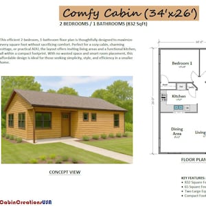 May include: A detailed floor plan and concept view of a small cabin. The concept view shows a single-story building with a brown roof and yellow siding. The floor plan shows two bedrooms, a kitchen, a bathroom, and a living area. The cabin is 10.36 meters by 7.92 meters.