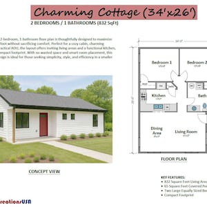 May include: A concept view of a white cottage with a black roof and a red door. The floor plan shows two bedrooms, a kitchen, a bathroom, a dining area, and a living room. The cottage is 10.36 meters by 7.92 meters and has 77.3 square meters of living area.