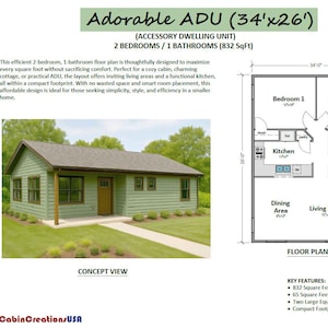 May include: A detailed floor plan for a two-bedroom, one-bathroom ADU, alongside a concept view of the exterior. The plan shows a kitchen, dining area, living room, and two bedrooms. The exterior is a green cabin with a brown roof. The ADU is 10.36m x 7.92m.