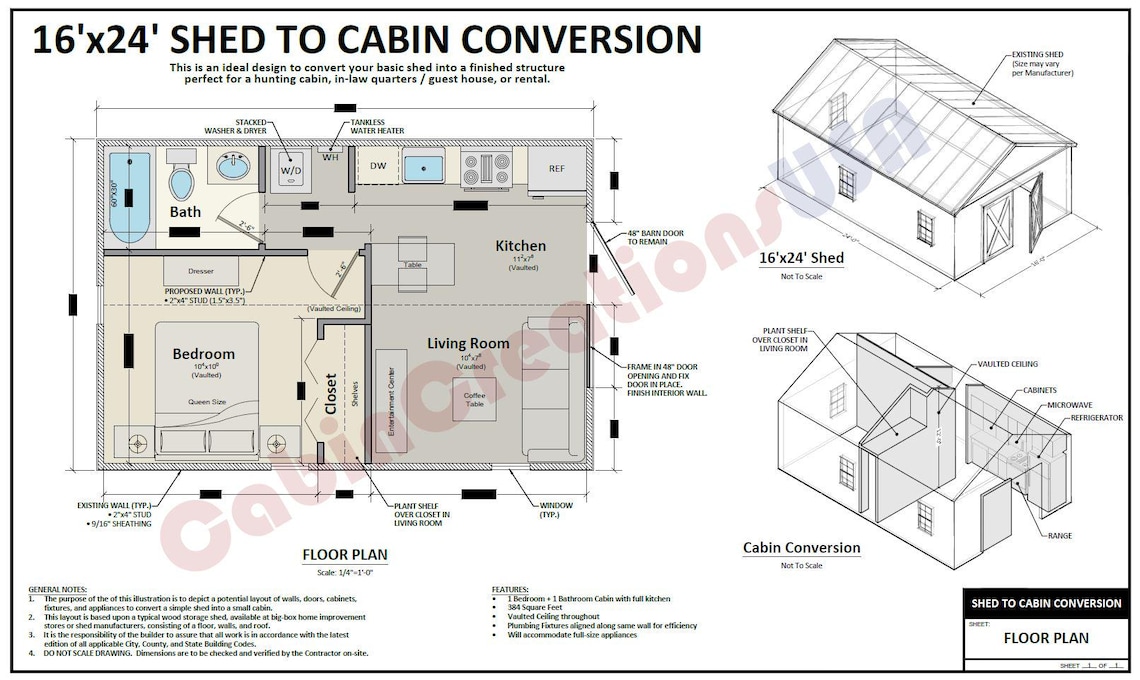 16'x24' Shed to Cabin Conversion Floor Plan: 1BR 1BA ADU Layout - Etsy