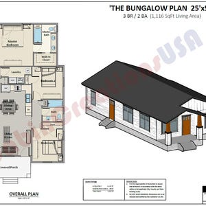 25'x52'-3BR2BA bungalowplattegrond: traditionele ambachtsstijl. 1.116 SF woonoppervlak. Overdekte veranda, open keuken en woonkamer met gewelfd plafond