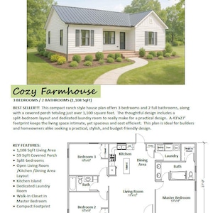 CozyFarmhouse 3BR 2 BA House Plan: Split Floorplan (Digital Downloadable Plan)