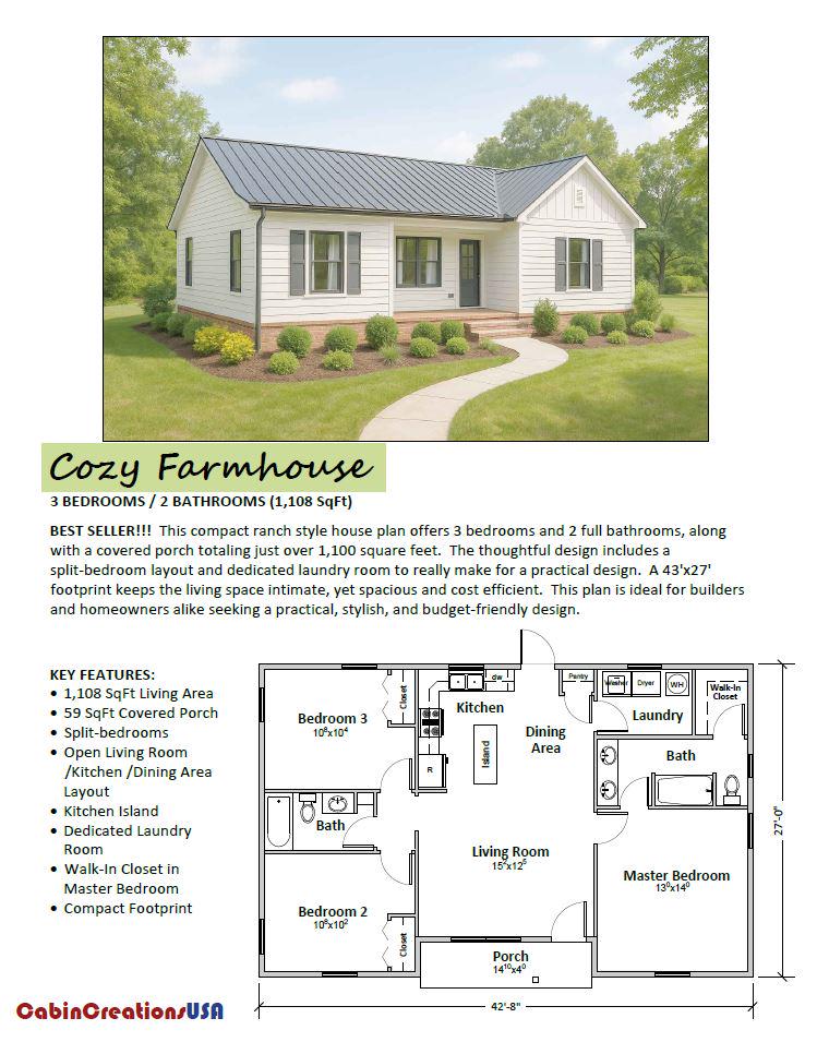 CozyFarmhouse 3BR 2 BA House Plan: Split Floorplan (Digital Downloadable Plan)