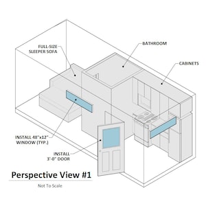 May include: Perspective view of a small house floor plan with a full-size sleeper sofa, a bathroom, cabinets, a 48" x 12" window, and a 3' door.