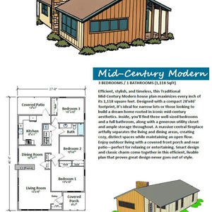 May include: An illustration of a Mid-Century Modern house plan with a detailed floor plan. The house features a brown roof, tan siding, and a stone chimney. The floor plan shows three bedrooms, a kitchen, and a living room.