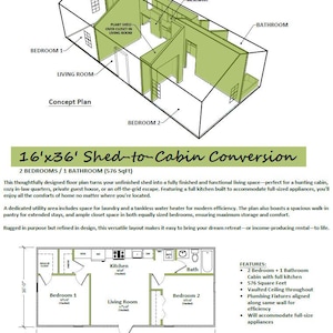May include: A concept plan for a 4.88m x 10.97m shed-to-cabin conversion, with two bedrooms and a bathroom. The plan shows a kitchen, living room, and bathroom. The text reads "Cabin Creations USA". Measurements are in feet and inches.