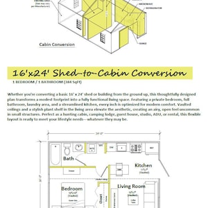 May include: Diagram of a 16'x24' shed-to-cabin conversion with a 1-bedroom, 1-bathroom layout. The image includes a floor plan with labeled areas for the bedroom, bathroom, kitchen, and living room. The text reads "Cabin Conversion" and "Cabin Creations USA".