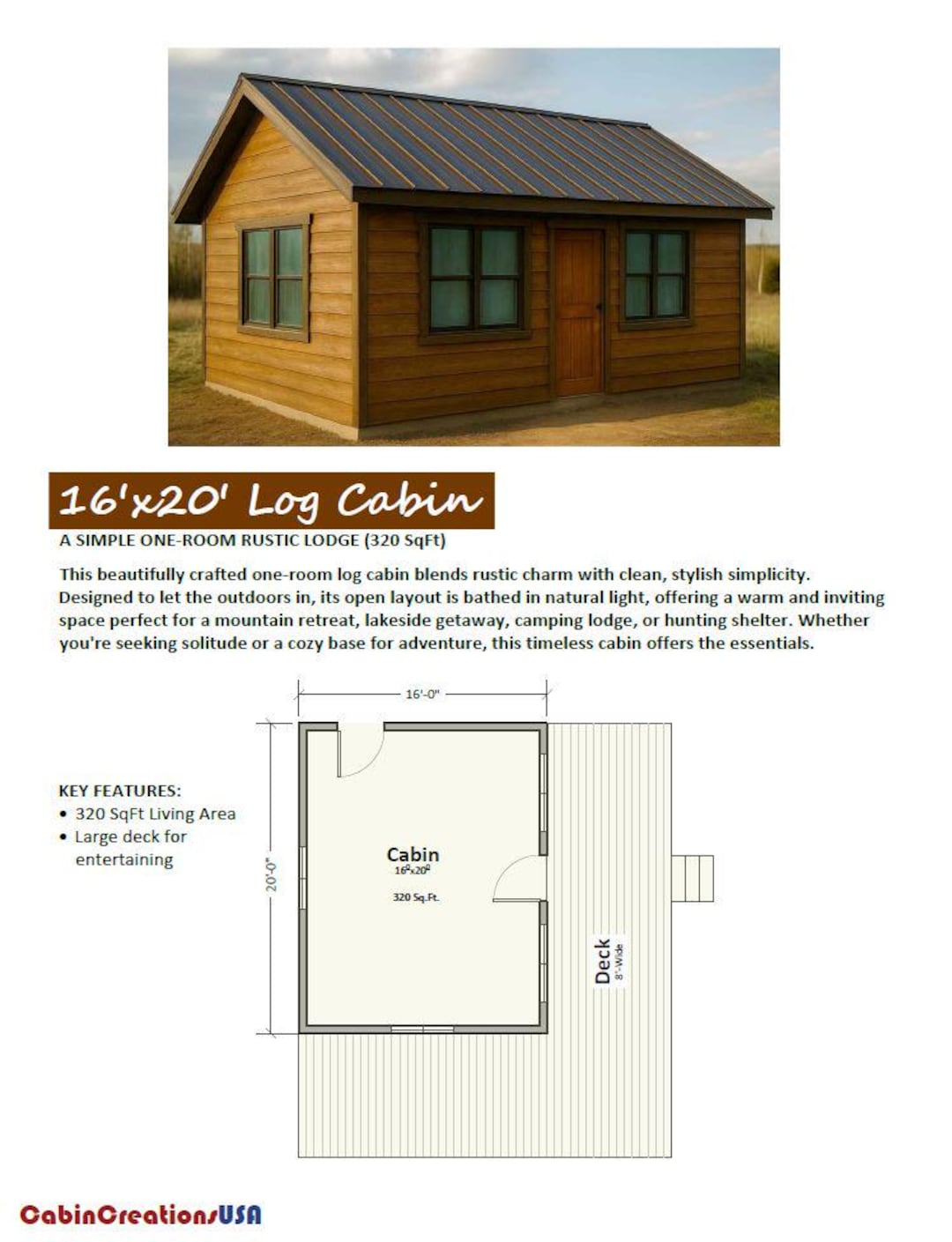 16'x20' Log Cabin W/ Deck - Plans. Open Concept, ADU - Etsy, image size:1080x1409