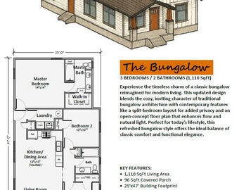 Craftsman Bungalow Floor Plan: 3BR 2BA (Digital Download)