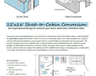 Shed to Cabin Conversion Plans: 12&#39;x16&#39; Living Space Layout (Downloadable Plan)