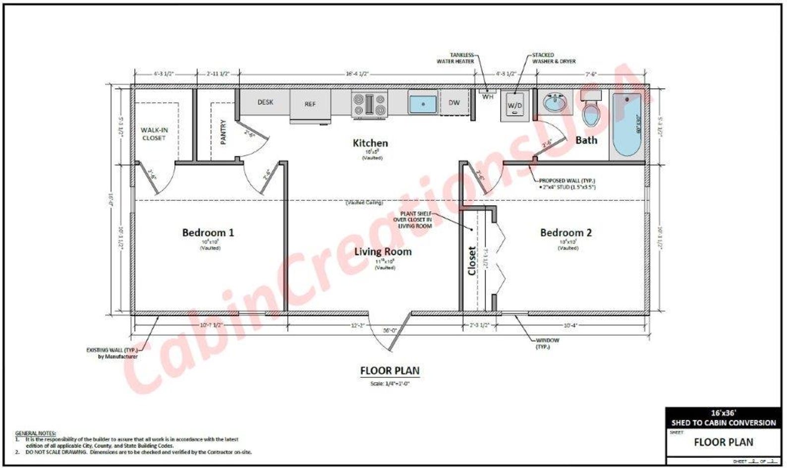 16'x36' Shed to Cabin Conversion Plans - 2BR 1BA Layout With Split ...