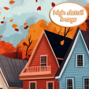 K&ouml;nnte beinhalten: Illustration von farbenfrohen H&auml;usern mit roten, schwarzen und blauen D&auml;chern, vor dem Hintergrund von Herbstlaub. Der Himmel ist hellblau mit fallenden Bl&auml;ttern. Der Text "high detail image" befindet sich in einem Oval.