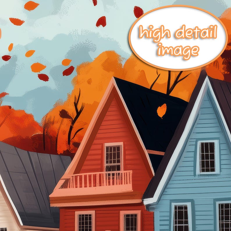 K&ouml;nnte beinhalten: Illustration von farbenfrohen H&auml;usern mit roten, schwarzen und blauen D&auml;chern, vor dem Hintergrund von Herbstlaub. Der Himmel ist hellblau mit fallenden Bl&auml;ttern. Der Text "high detail image" befindet sich in einem Oval.