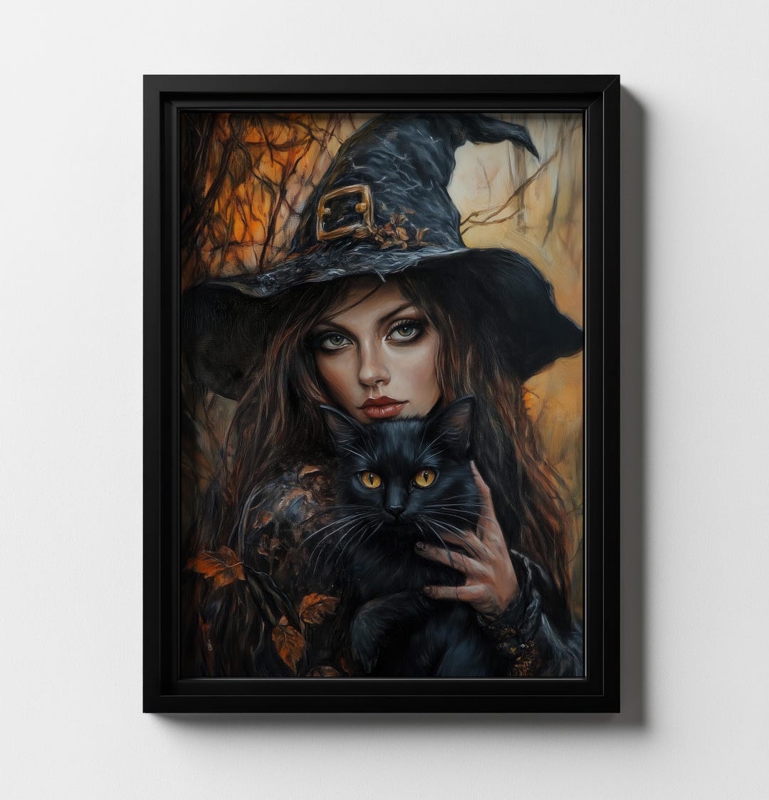 Witch & Black Cat Art Print | Oil Painting Halloween Art (spooky Art ...
