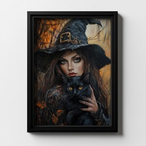 Witch & Black Cat Art Print | Oil Painting Halloween Art (spooky art, digital art, halloween decor, home decor, goth art)