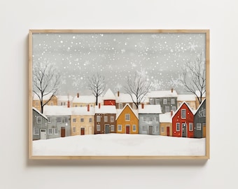 Kleine winterstad kunstafdruk | Winterkunstafdruk (landschapskunst, afdrukbare kerst, winterkunst, afdrukbare kunst, digitale download wanddecor)