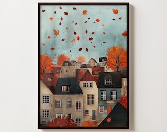 Vintage Herbst Stadt Kunstdruck | Herbst-Kunstdruck (druckbare Dekoration, Wand Kunst Druck, digitaler Download, antike Kunst, Herbst Kunst, druckbare Kunst)