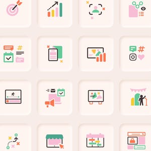 Op de afbeelding: Een verzameling kleurrijke, platte pictogrammen op een lichte achtergrond. De pictogrammen vertegenwoordigen verschillende zakelijke en marketingconcepten, waaronder doelen, grafieken, sociale media en presentaties. Het kleurenpalet omvat roze, groen, oranje en blauw.