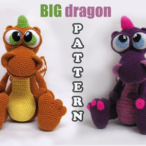 May include: Two crocheted dragon amigurumi toys, one orange and yellow and one purple and pink, with big eyes and a "BIG dragon PATTERN" title.