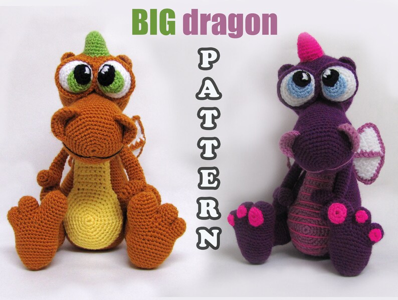 May include: Two crocheted dragon amigurumi toys, one orange and yellow and one purple and pink, with big eyes and a "BIG dragon PATTERN" title.
