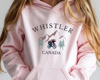 Youth Whistler Canada Hoodie, Bear Riding Mountain Bike Sweatshirt, Forest Adventure Graphic Pullover for Kids Who Love Nature and Biking