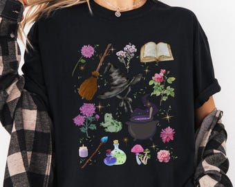 Witchy Halloween Shirt, Cottagecore Forest Witch Tee with Potions, Frog and Cauldron Cozy Fall Graphic T-Shirt for Women and Witch Lovers